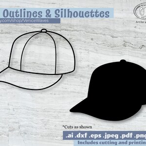 May include: Two outlines and silhouettes of a baseball cap. The first is a black outline and the second is a solid black silhouette. The text *Cuts as shown .ai .dxf .eps .jpeg .pdf .png .svg Includes cutting and printing files* is at the bottom of the image.