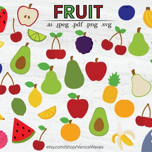 Imagens vetoriais de frutas, inclui arquivos .ai, .jpeg, .pdf, .png, .svg, download instantâneo, cerejas, maçã, morango, peras, mirtilo, abacate