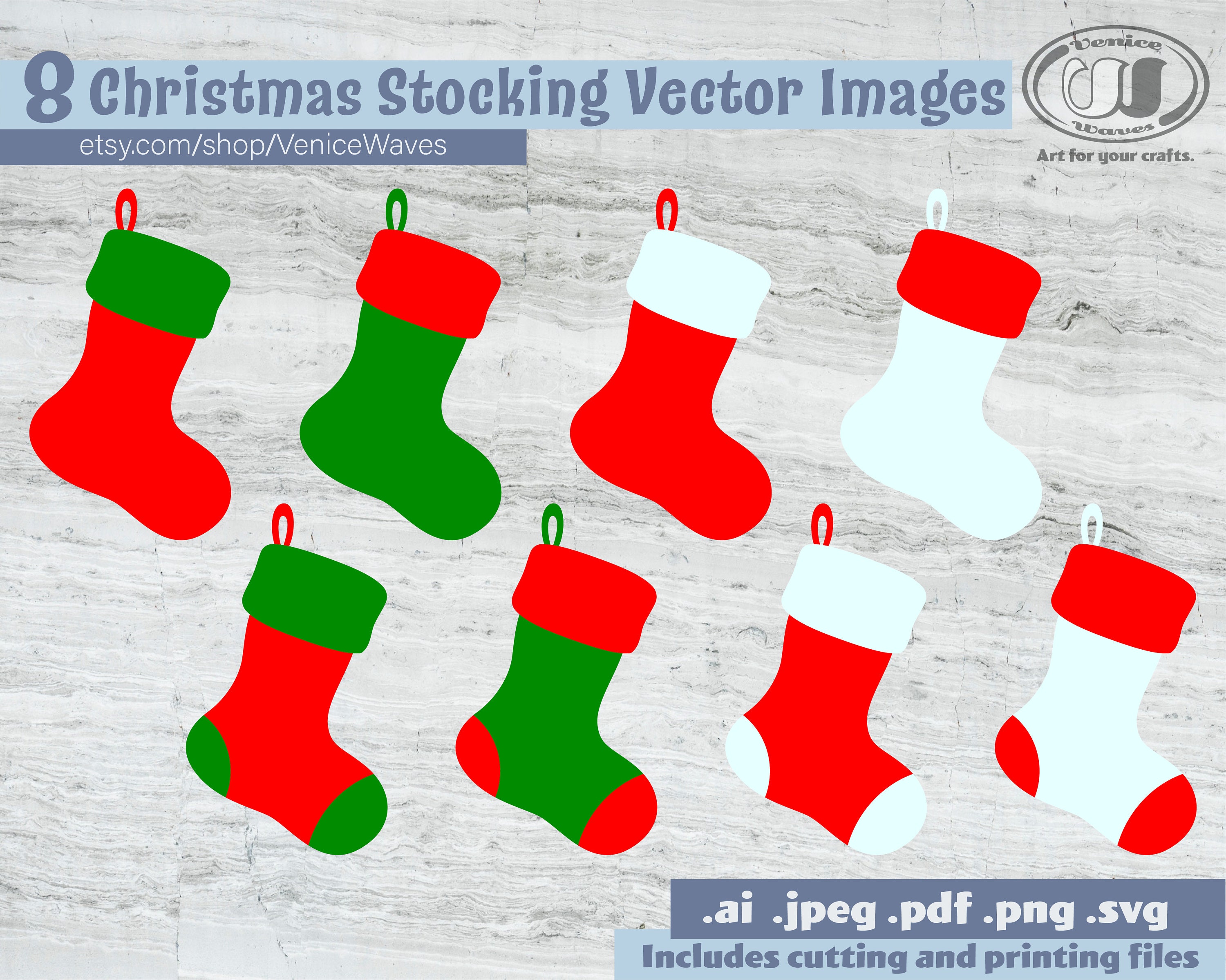 Flat Christmas Stockings SVG, 2 Color Cut File, Holiday Clipart, Christmas Stocking PDF, Downloadable Files
