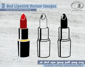 May include: Three vector images of lipstick in different styles. One is a vibrant red lipstick in a black tube with a gold band. The other two are line drawings, one with a white lipstick and the other with a black lipstick. The text reads "3 Red Lipstick Vector Images".