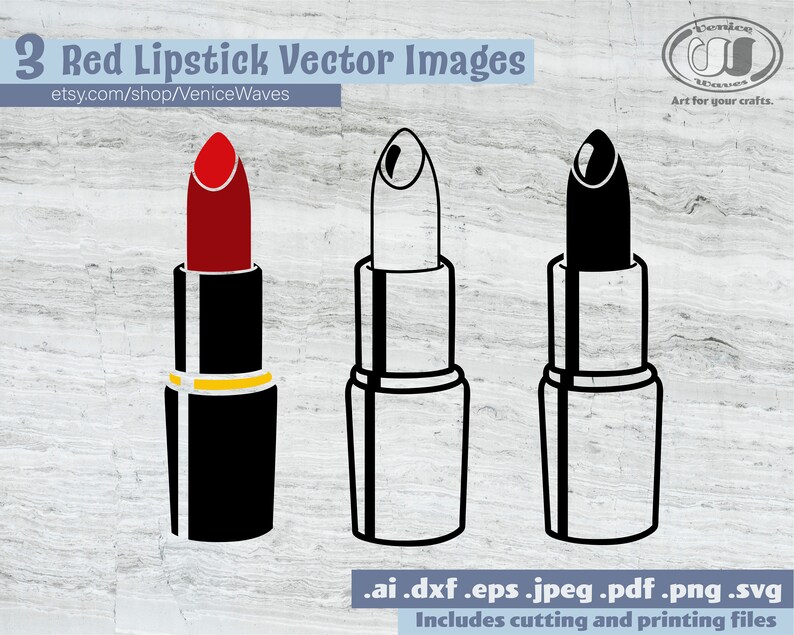 Puede incluir: Tres im&aacute;genes vectoriales de l&aacute;piz labial en diferentes estilos. Uno es un l&aacute;piz labial rojo vibrante en un tubo negro con una banda dorada. Los otros dos son dibujos lineales, uno con un l&aacute;piz labial blanco y el otro con un l&aacute;piz labial negro. El texto dice "3 Red Lipstick Vector Images".