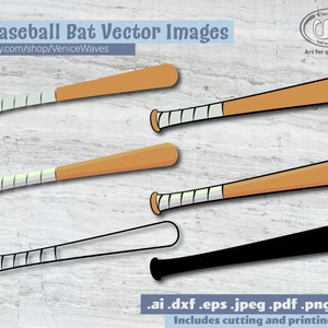 May include: Six baseball bat vector images in various styles. The bats are in shades of brown, with white grip tape. One bat is a black silhouette, and another is a white outline. Text includes "6 Baseball Bat Vector Images" and "etsy.com/shop/VeniceWaves".