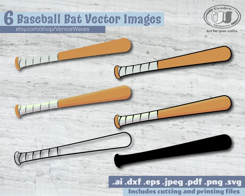 May include: Six baseball bat vector images in various styles. The bats are in shades of brown, with white grip tape. One bat is a black silhouette, and another is a white outline. Text includes "6 Baseball Bat Vector Images" and "etsy.com/shop/VeniceWaves".