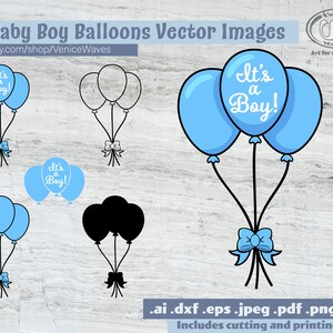 May include: Six vector images of blue balloons with a white ribbon and the text "It's a Boy!" in white. The balloons are in different arrangements, including a single set of three balloons, two sets of three balloons, and a set of three balloons with a black outline.