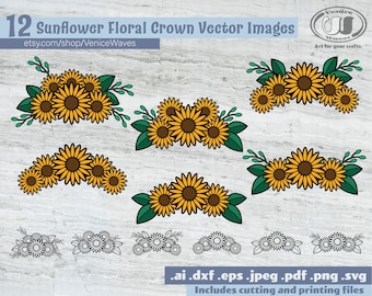 Girasole Floral Crown SVG, Sunflower Floral Crown Cut File, Covestata corona floreale di girasole, Cosole Floral Crown PDF