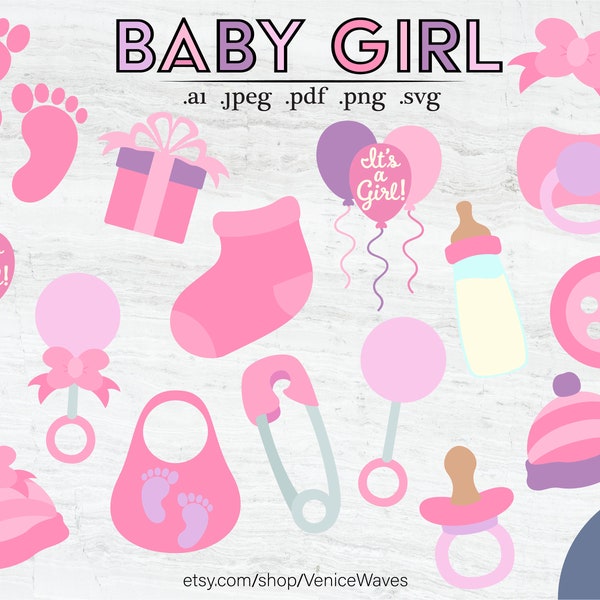 Baby Girl Baby Shower Vector Images, Layered Cut Files, Clipart, Pacifier, Bottle, Rattle, Beanie, Balloon, Button, Instant Digital Download