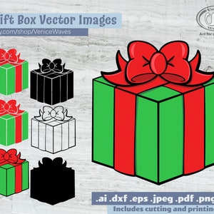 May include: Seven vector images of a gift box with a red bow. The gift box is green with red stripes. The images are in different styles, including a solid green and red version, a black and white outline version, and a black silhouette version.