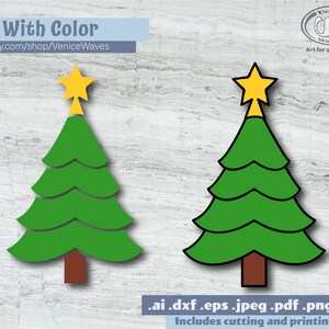 May include: Two green Christmas tree designs with yellow star toppers and brown trunks. The text "2 With Color" and the Etsy shop URL are visible. Includes cutting and printing files.