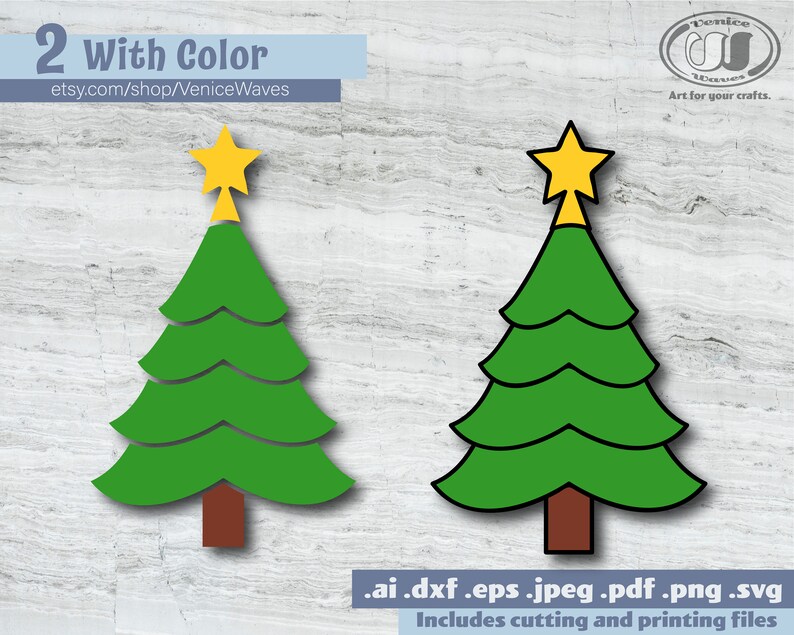 May include: Two green Christmas tree designs with yellow star toppers and brown trunks. The text "2 With Color" and the Etsy shop URL are visible. Includes cutting and printing files.