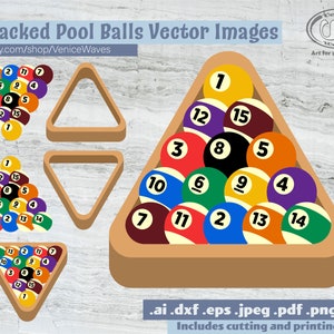 Könnte beinhalten: Sechs Vektorbilder eines aufgestellten Sets von Billardkugeln in Dreiecksform. Die Kugeln sind von 1 bis 15 nummeriert und in einer traditionellen Dreiecksformation angeordnet. Die Bilder sind in verschiedenen Formaten verfügbar, darunter .ai, .dxf, .eps, .jpeg, .pdf, .png und .svg. Die Bilder eignen sich zum Schneiden und Drucken.