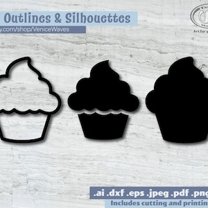 May include: Three black and white cupcake outlines and silhouettes. The outlines are white and the silhouettes are black. The cupcakes are simple and have a swirl on top.