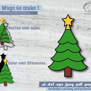 May include: A graphic illustration of a Christmas tree with a yellow star on top. The image shows two ways to make the tree: outline over color and color over silhouette. The image includes the text "2 Ways to make!" and the Etsy shop URL.