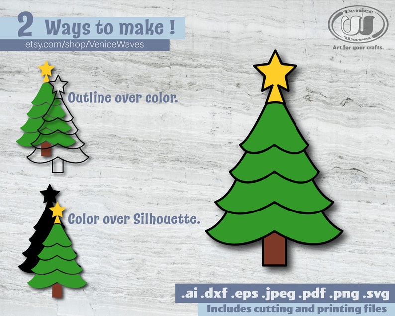 May include: A graphic illustration of a Christmas tree with a yellow star on top. The image shows two ways to make the tree: outline over color and color over silhouette. The image includes the text "2 Ways to make!" and the Etsy shop URL.