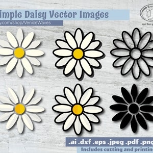 Puede incluir: Seis im&aacute;genes vectoriales simples de margaritas en blanco y negro, con una margarita de cada color que tiene un centro amarillo. Las margaritas est&aacute;n en una variedad de estilos, algunas tienen m&aacute;s p&eacute;talos que otras. Las im&aacute;genes son perfectas para manualidades, scrapbooking o cualquier otro proyecto donde se necesita un dise&ntilde;o simple de margarita.