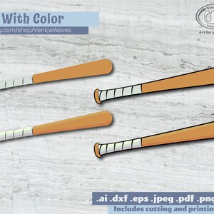 May include: Four baseball bats with orange wood and white grip tape are displayed. The image includes the text "4 With Color" and the Etsy shop URL. The image also includes the file types .ai, .dxf, .eps, .jpeg, .pdf, .png, and .svg.