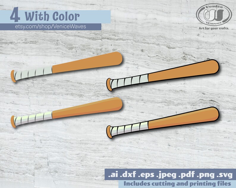 May include: Four baseball bats with orange wood and white grip tape are displayed. The image includes the text "4 With Color" and the Etsy shop URL. The image also includes the file types .ai, .dxf, .eps, .jpeg, .pdf, .png, and .svg.