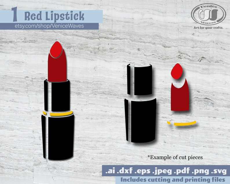 Puede incluir: Ilustraci&oacute;n gr&aacute;fica de un l&aacute;piz labial rojo en tres partes: ensamblado, desmontado y una sola barra de labios. El l&aacute;piz labial es negro con una banda dorada y una barra de labios roja. El texto incluye "Red Lipstick" y "etsy.com/shop/VeniceWaves".