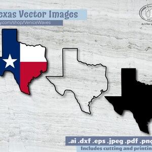 May include: Three Texas vector images. One image features the Texas flag, another is a black outline, and the third is a solid black silhouette. The text "3 Texas Vector Images" and the shop's Etsy URL are visible.