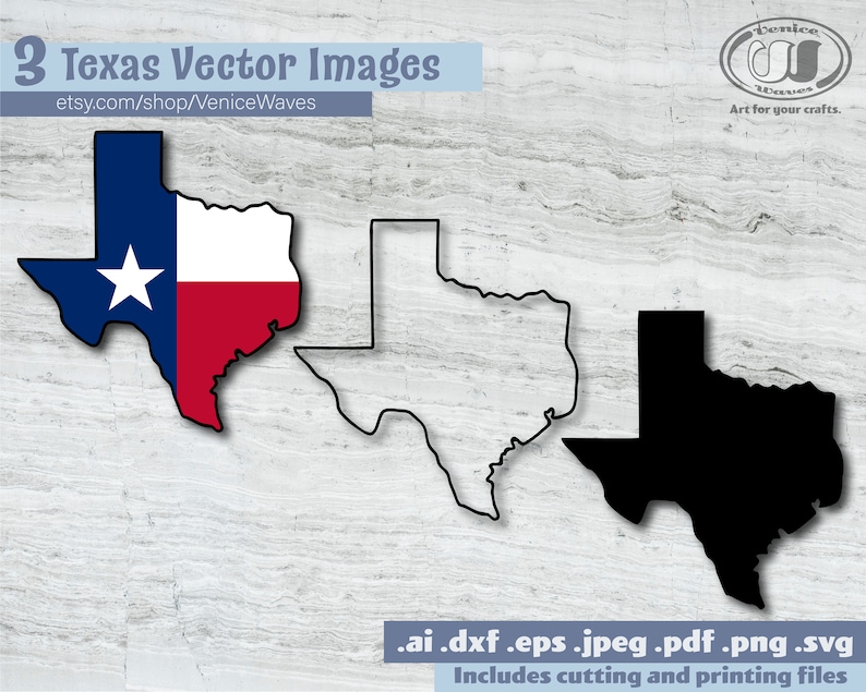 May include: Three Texas vector images. One image features the Texas flag, another is a black outline, and the third is a solid black silhouette. The text "3 Texas Vector Images" and the shop's Etsy URL are visible.