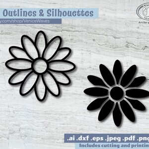Puede incluir: Dos contornos en blanco y negro de una margarita. La primera margarita es un contorno, y la segunda margarita es una silueta s&oacute;lida. La imagen incluye el texto "2 Outlines & Silhouettes" y "etsy.com/shop/VeniceWaves".