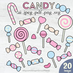 May include: A set of 20 candy-themed illustrations in pink, blue, and white. The illustrations include lollipops, candy canes, and various types of wrapped candies. The text "CANDY" is at the top of the image, followed by the file formats: .ai, .jpeg, .pdf, .png, .svg. The text "20 Images" is at the bottom of the image.