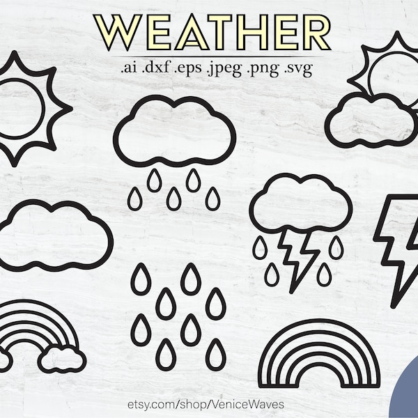 Simple Weather Outline Vector Images, Single Layer Cut File, Clipart, Sun, Clouds, Rainbow, Lightning Bolt, Digital Download, SVG, PDF, PNG