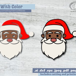 May include: Two black and white Santa Claus faces with red hats. The faces are outlined in black and have white beards. The hats are red with white trim. The background is a wood grain pattern.