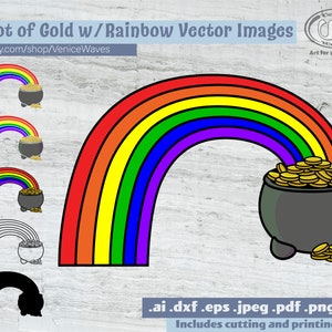 Puede incluir: Seis imágenes vectoriales de un arcoíris con un pote de oro al final. El arcoíris está en los colores rojo, naranja, amarillo, verde, azul, añil y violeta. El pote de oro es negro con monedas de oro dentro. Las imágenes están en diferentes estilos, incluyendo color, blanco y negro, y silueta.