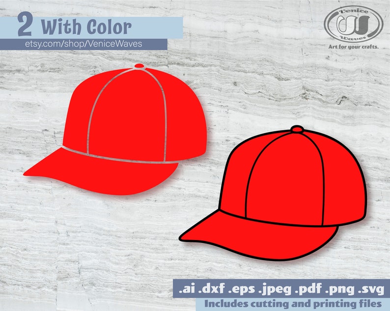 May include: Two red baseball caps with black outlines. The caps are facing different directions. The text "2 With Color" and "etsy.com/shop/VeniceWaves" is at the top of the image. The text ".ai.dxf .eps.jpeg.pdf.png.svg Includes cutting and printing files" is at the bottom of the image.