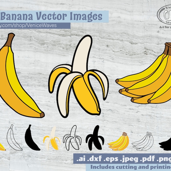 Bananas Clipart, Peeled Banana Cut File, Banana Bunch Clipart, Printable Peeled Banana PDF, Peeled Banana Download, Digital Download