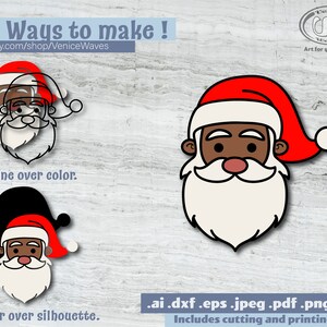 May include: Two ways to make a Santa Claus design. The first image shows a black and white outline of Santa Claus with a red hat. The second image shows a black silhouette of Santa Claus with a red hat. The text below the images says "Outline over color" and "Color over silhouette". The text at the top of the image says "2 Ways to make!" and "etsy.com/shop/VeniceWaves". The text at the bottom of the image says ".ai .dxf .eps .jpeg .pdf .png .svg Includes cutting and printing files".