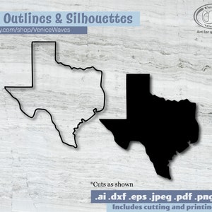 May include: Two black Texas outline and silhouette designs. The top of the image has the text "2 Outlines & Silhouettes" and the Etsy shop URL. The bottom of the image has file type information.