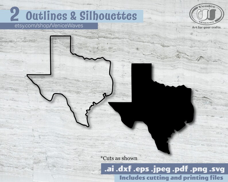 May include: Two black Texas outline and silhouette designs. The top of the image has the text "2 Outlines & Silhouettes" and the Etsy shop URL. The bottom of the image has file type information.