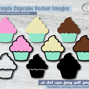 May include: Nine simple cupcake vector images in various colors, including pink, brown, white, and black. The cupcakes are outlined in black and have a simple design. The images are perfect for crafting and printing projects.