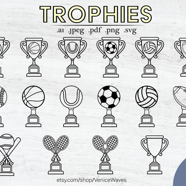 Trophy Cups Outlines Vector Images, Single Layer Cut File, Award Clipart, Sports Trophies, Digital Download, Instant Download, Cricut Files