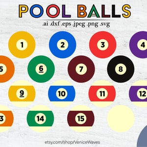 Puede incluir: Conjunto de 16 imágenes de bolas de billar en varios colores, incluyendo amarillo, azul, rojo, morado, naranja, verde, marrón, negro y blanco. Cada bola presenta un número blanco del 1 al 15, siendo la 16ª bola una bola blanca sólida. El texto "POOL BALLS" está en la parte superior de la imagen, y el texto ".ai .dxf .eps .jpeg .png .svg" está debajo. El texto "etsy.com/shop/VeniceWaves" está en la parte inferior de la imagen, y el texto "16 Images" está en la esquina inferior derecha.