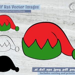 May include: Four vector images of an elf hat. The hat is red with a green trim and a green pom-pom. The images are in different colors and styles, including a filled-in version, an outline version, and a black and white version.