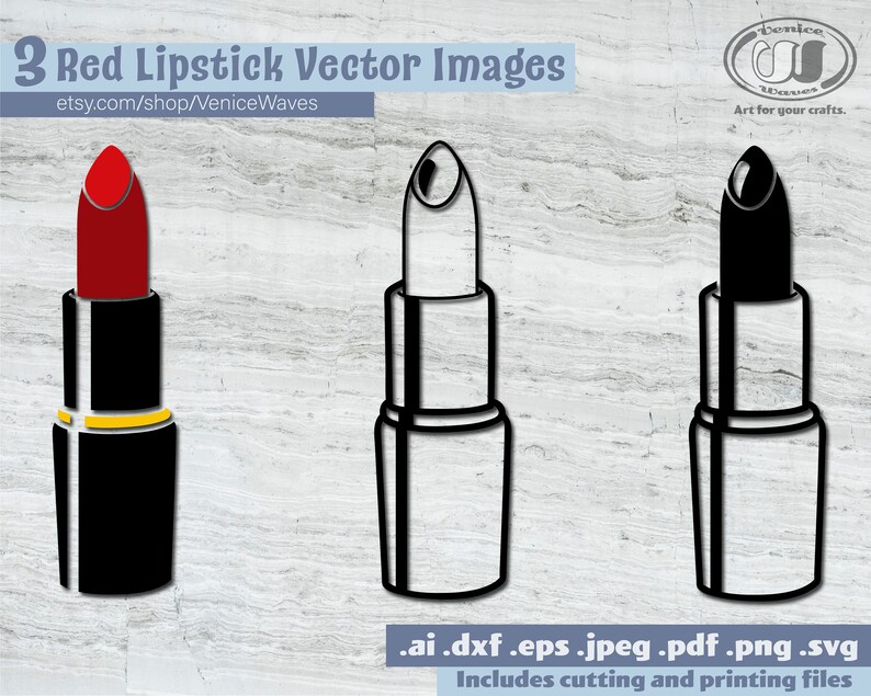 Puede incluir: Tres im&aacute;genes vectoriales de pintalabios. El primero es rojo, con un tubo negro y una banda dorada. El segundo es un contorno en blanco y negro. El tercero es un pintalabios negro con un tubo negro. El texto "3 Red Lipstick Vector Images" est&aacute; incluido.