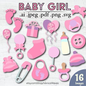 Vectorafbeeldingen babyshower babymeisje, gelaagde gesneden bestanden, clipart, fopspeen, fles, rammelaar, beanie, ballon, knop, instant digitale download