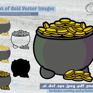 Puede incluir: Una olla negra llena de monedas de oro. La olla tiene tres patas y está sentada sobre un fondo blanco. También hay varias pilas más pequeñas de monedas de oro esparcidas alrededor de la olla.