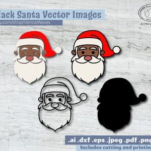 May include: Four vector images of a Black Santa Claus. The first image shows a Santa with a red hat and white beard. The second image shows a Santa with a red hat and white beard. The third image shows a Santa with a black hat and beard. The fourth image shows a silhouette of a Santa with a black hat and beard.