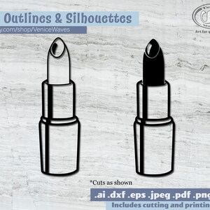 Puede incluir: Dos contornos y siluetas de pintalabios negros. Uno es un contorno s&oacute;lido y el otro est&aacute; relleno de negro. El texto "2 Outlines & Silhouettes" y la URL de la tienda Etsy son visibles. Incluye archivos de corte e impresi&oacute;n.