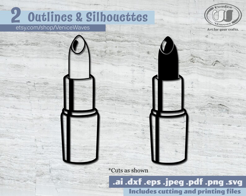 Puede incluir: Dos contornos y siluetas de pintalabios negros. Uno es un contorno s&oacute;lido y el otro est&aacute; relleno de negro. El texto "2 Outlines & Silhouettes" y la URL de la tienda Etsy son visibles. Incluye archivos de corte e impresi&oacute;n.