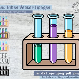 May include: Vector graphic of six test tubes in a wooden rack, each filled with a different colored liquid: green, purple, and orange. The image includes the text "6 Test Tubes Vector Images" and the Etsy shop URL.