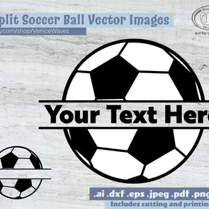 Könnte beinhalten: Zwei schwarz-weiße geteilte Fußball-Vektorbilder mit dem Text "Your Text Here" in der Mitte. Die Bilder eignen sich zum Schneiden und Drucken.