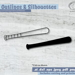 May include: Two baseball bat designs. One is an outline, the other a solid black silhouette. The text "2 Outlines & Silhouettes" is at the top, with the Etsy shop URL below. The image includes cutting and printing files.