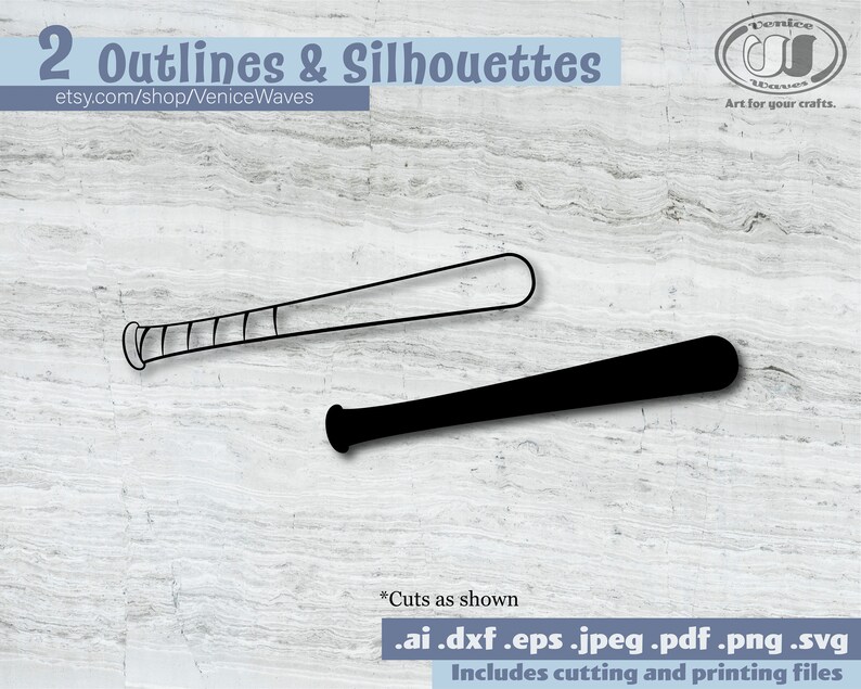 May include: Two baseball bat designs. One is an outline, the other a solid black silhouette. The text "2 Outlines & Silhouettes" is at the top, with the Etsy shop URL below. The image includes cutting and printing files.