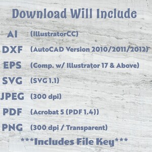 May include: Image with the text "Download Will Include" followed by a list of file formats: AI, DXF, EPS, SVG, JPEG, PDF, and PNG. The image also includes the text "Includes File Key". The background is a light gray marble pattern.