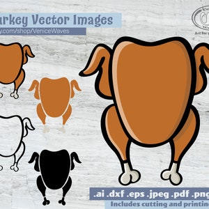 May include: Five vector images of a turkey in different styles. The images include a brown turkey, a brown outline of a turkey, a white outline of a turkey, a black outline of a turkey, and a black turkey. The images are suitable for cutting and printing.