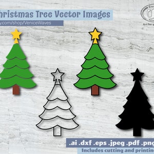 May include: A collection of seven Christmas tree vector images in various styles. The trees are green with brown trunks and yellow or black star toppers. Text includes "7 Christmas Tree Vector Images" and "Includes cutting and printing files."